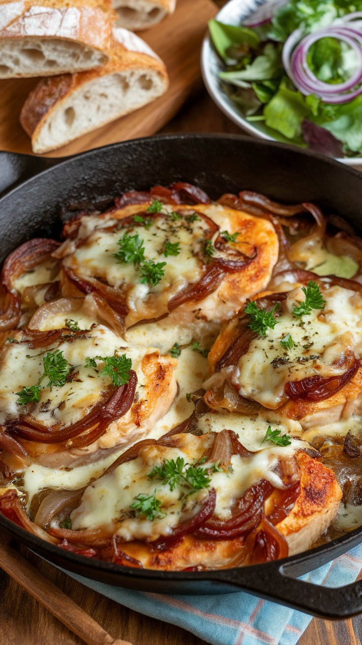 Hearty French onion chicken bake with caramelized onions and melted cheese in a skillet, garnished with parsley.